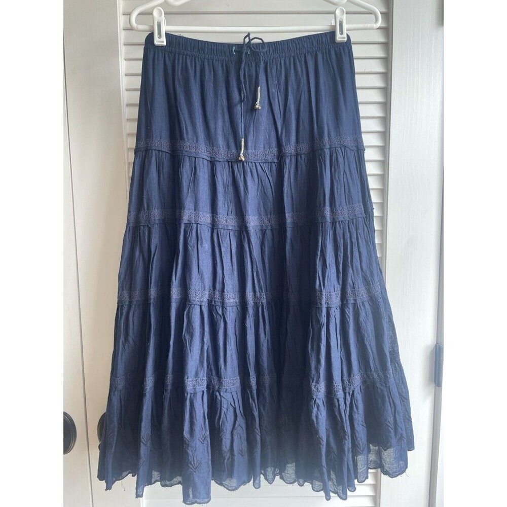 American Eagle Boho Eyelet A Skirt Navy Blue 100% Cotton Lined Women's Size 8